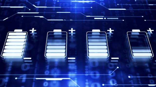  Digital battery icons at different charge levels on a blue, tech-themed background with binary code and circuit patterns. 