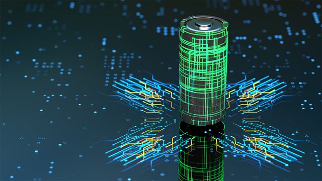 A battery stands at the centre of circuit-style strands of light. 