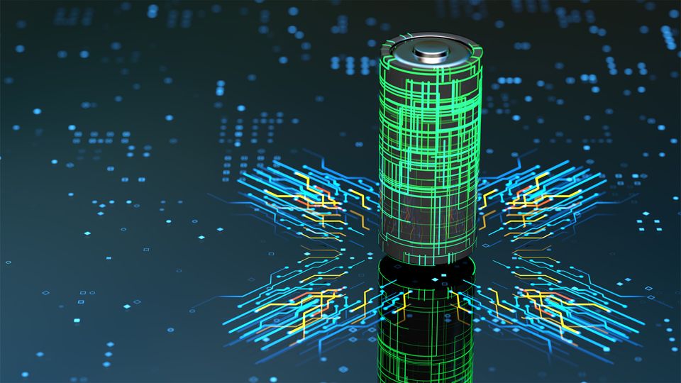 A battery stands at the centre of circuit-style strands of light.