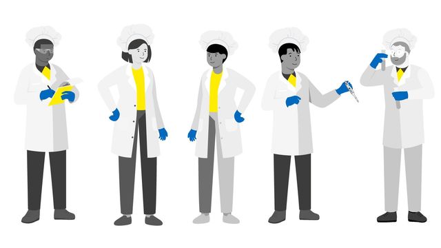 Five scientists of a diverse range of genders and ethnicities stand in a line, holding lab instruments such as pipettes and test tubes. All five are wearing chef’s hats. 