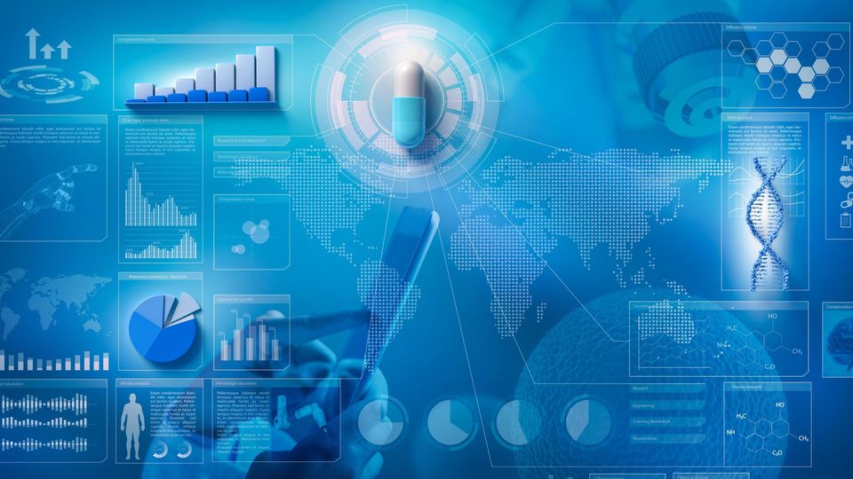 White, blue and grey icons on a blue background representing the future of drug discovery. Icons include pie charts, a DNA double helix, a drug capsule, artificial intelligence and cells.