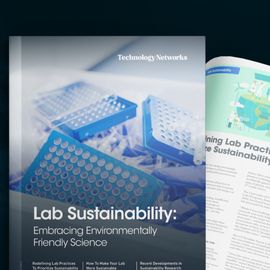 eBook cover showing discarded lab equipment and an article behind this discussing lab practices for sustainability 