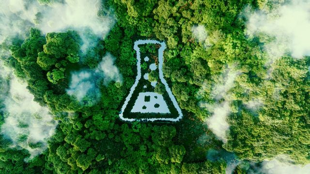 Aerial photograph of a rainforest canopy with a painting of a white conical flask in the center. 