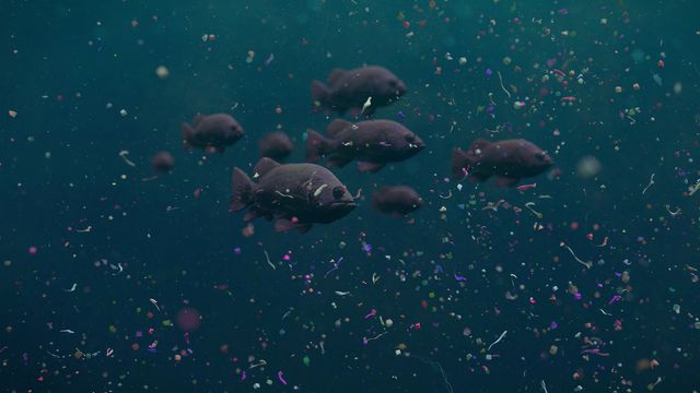 Underwater shot of microplastics surrounding fish. 