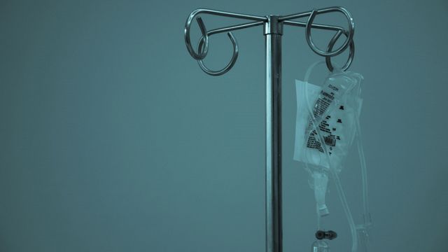 A medication bag on a drip stand. 