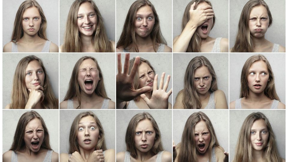 A woman displaying fifteen different emotions across panels