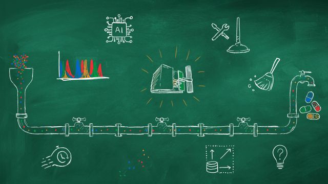 A chalkboard displaying science and engineering items such as formulas, diagrams, and equations. 