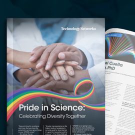 eBook cover showing a rainbow ribbon over the piled hands of multiple researchers and an article snippet behind this 