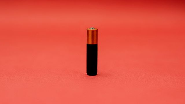 A black and gold battery stands on one end. 