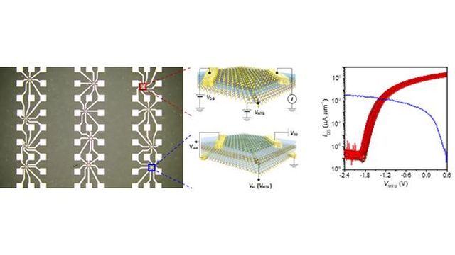 A microscope image and a diagram of the transistor, and a graph showing the performance. 