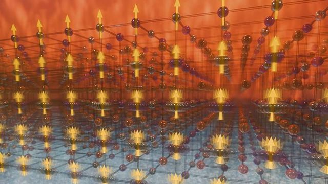 A three dimensional grid of atoms, with vibrations shown by blurry arrows. 