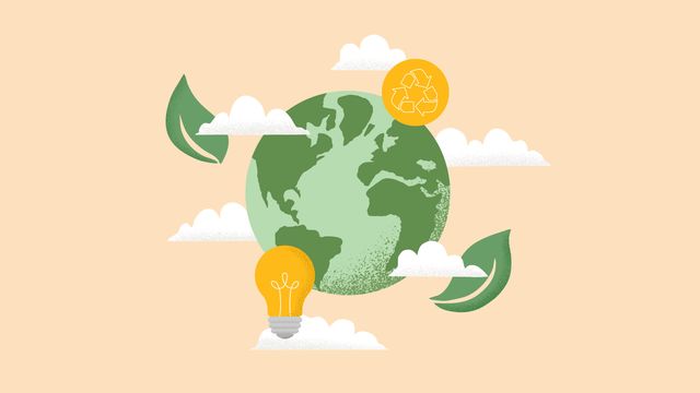 Cartoon earth surrounded by leaves, clouds, a lightbulb and a recycle symbol. 