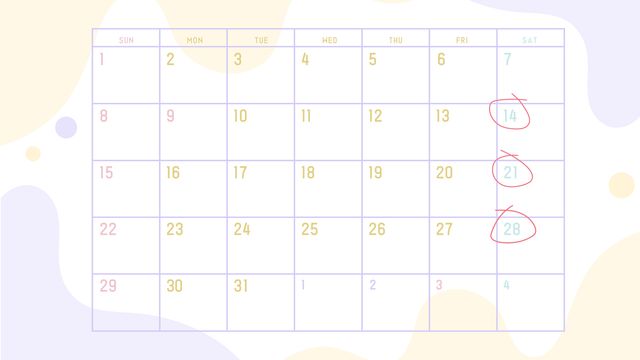 Page of a calendar showing a month with three consecutive Saturdays circled. 