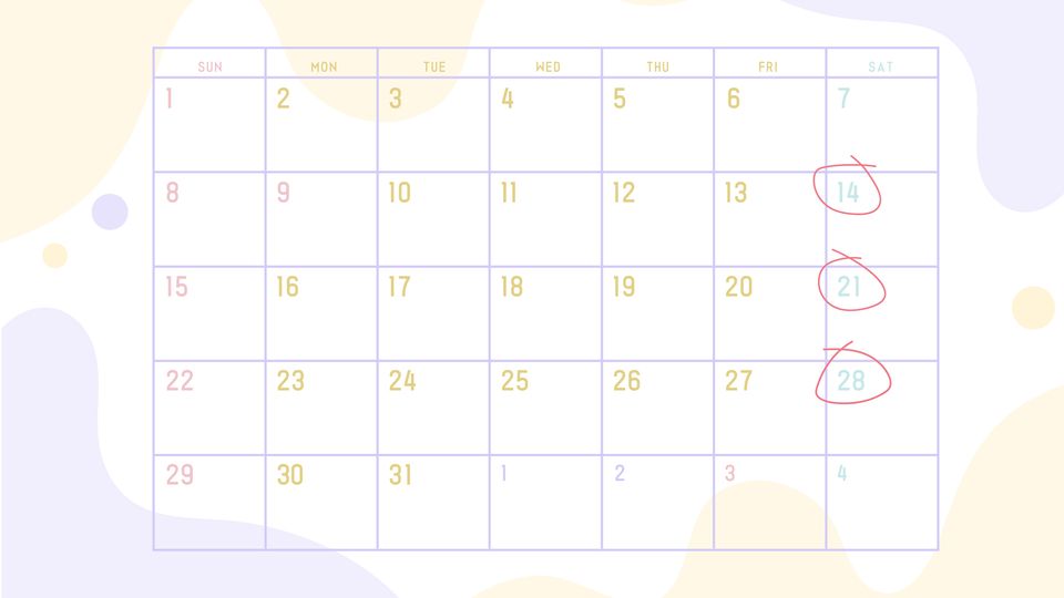 Page of a calendar showing a month with three consecutive Saturdays circled.