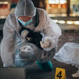 A forensic scientist observes a crime scene. 