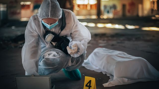 A forensic scientist observes a crime scene. 