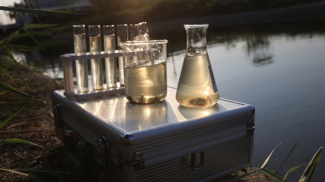 A selection of water samples in beakers and test tubes on top of a chest 